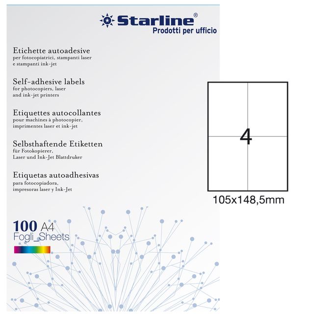 Etichette adesive - in carta - permanenti - 105 x 148,5 mm - 4 et/fg - 100 fogl…