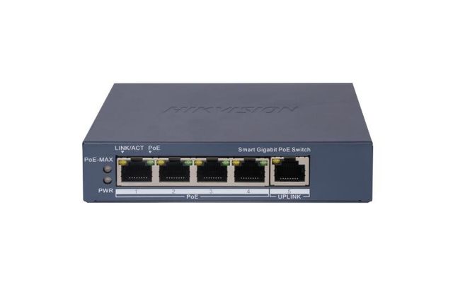 HIKVISION SWITCH L2, SMART MANAGED, 4 GIGABIT RJ45 POE PORTS, 1 GIGABIT RJ45 PO…