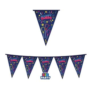 Festone bandiere Happy Birthday neon lungh.3mt Big Party