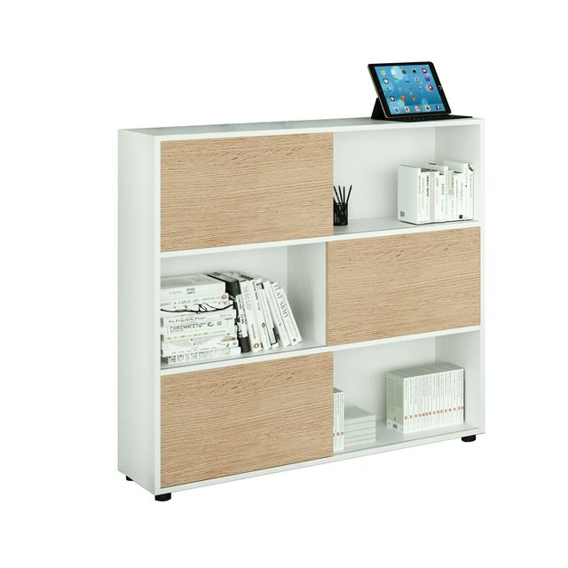 Libreria bassa Tetris a 3 ripiani ante scorrevoli - 120x35x116 cm - bianco/rove…