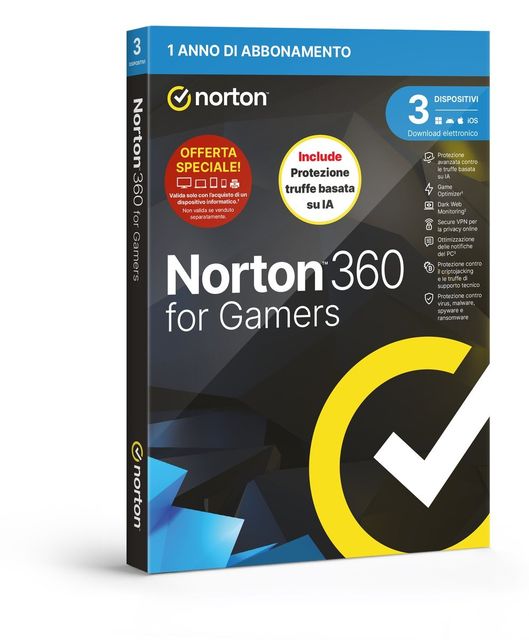 NORTON 360 FOR GAMERS 2026 ATTACH ANTITRUFFA 3 DISPOSITIVI 50GB BACKUP 12 MESI …