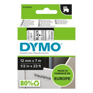 Nastro D1 standard 450100 - 12 mm x 7 mt - PL - nero/trasparente - Dymo