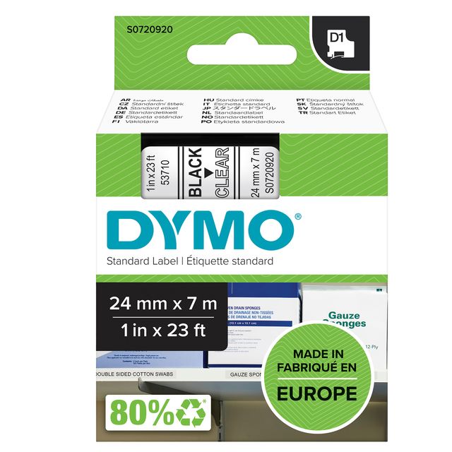 Nastro D1 standard 537100 - 24 mm x 7 mt - PL - nero/trasparente - Dymo