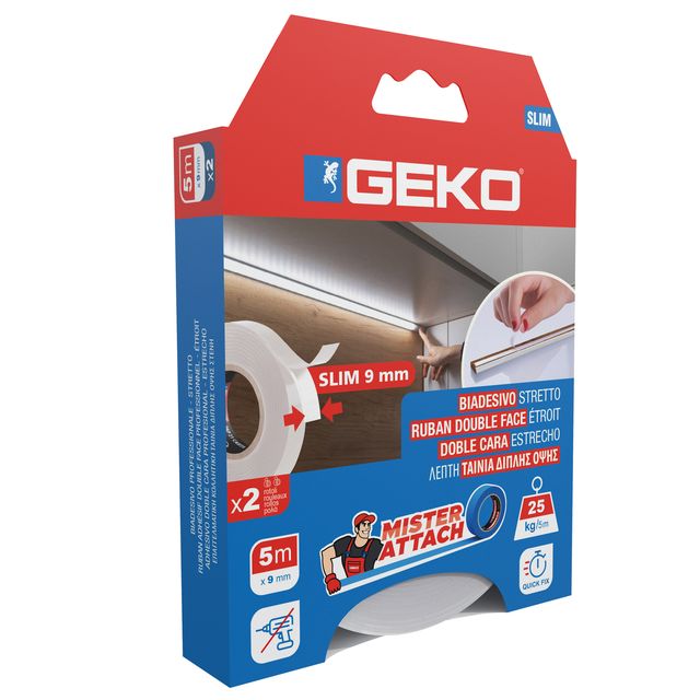 Nastro biadesivo SLIM Mister Attach - 9 mm x 5 m - PE/acrilico - bianco - Geko …