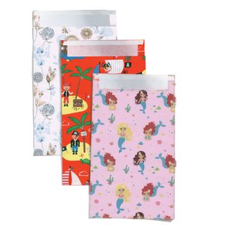 Blister 3pz sacchetto carta c/patella adesiva 26x40+5cm fantasie assortite Sadoc