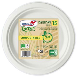Piatti piani in polpa Dopla Green Pfas Free bianco - Ø 220 mm - conf. 15 pz - 0…