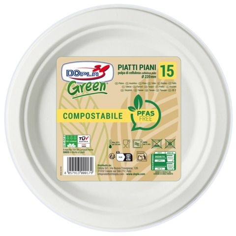 Piatti piani in polpa Dopla Green Pfas Free bianco - Ø 220 mm - conf. 15 pz - 0…