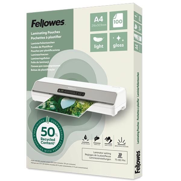 Scatola 100 pouches riciclate 80mic A4 Fellowes
