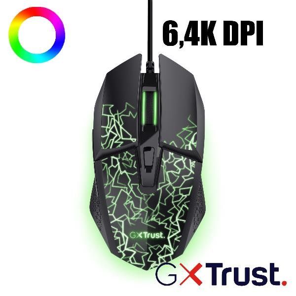 Trust GXT 113 Felox, Mano destra, Ottico, USB tipo A, 6400 DPI, Nero