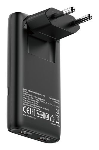 VERBATIM CARICABATTERIE DA RETE GaN 65 W 2 x USB-C 1 x USB-A NERO