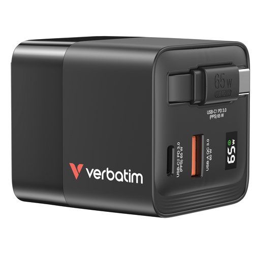 Verbatim Caricatore GAN 65W 2 porte con cavo usb C incorporato