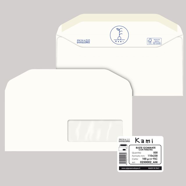 Busta Kami Gommata - con finestra - 11 x 23 cm - 100 gr - carta riciclata FSC -…