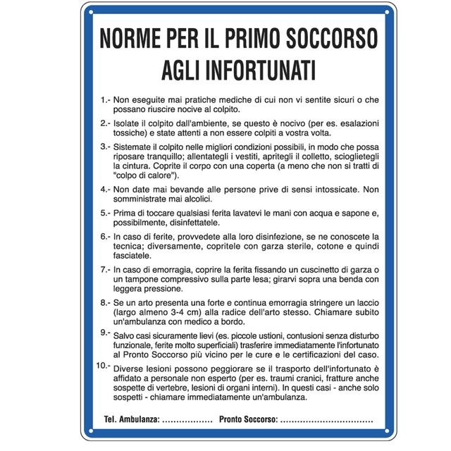 Cartello segnalatore - 33,3x47 cm - NORME DI PRIMO SOCCORSO AGLI INFORTUNATI - …