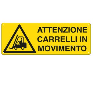 Cartello segnalatore - 35x12,5 cm - ATTENZIONE CARRELLI IN MOVIMENTO - allumini…