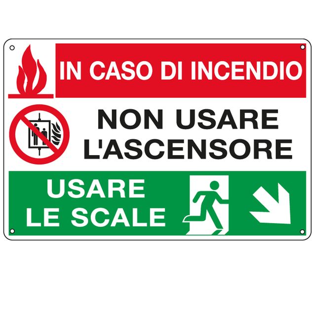 Cartello segnalatore multisimbolo - 30x20 cm - IN CASO DI INCENDIO NON USARE L'…