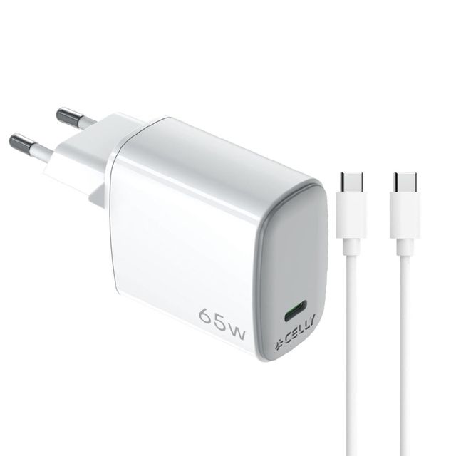 Celly UPTC1USBC65WCTC - 65W GaN Wall Charger + USB-C to USB-C cable UPTC COLLEC…