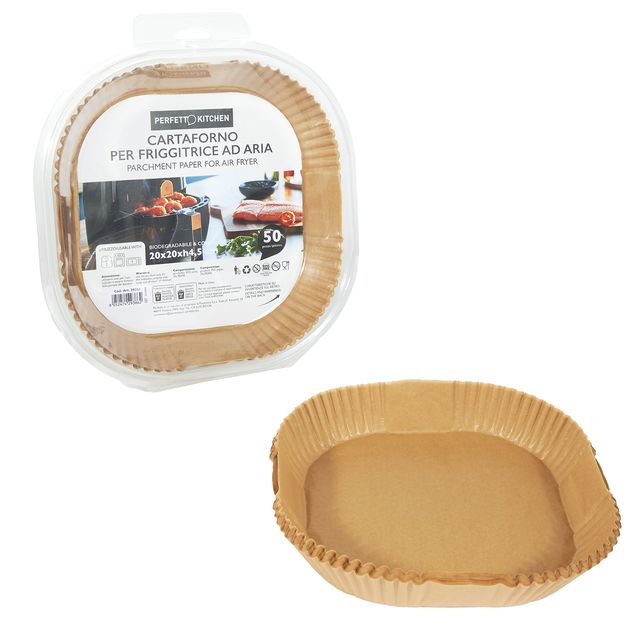 Conf 50 Vaschette cartaforno per friggitrice ad aria in astuccio 20 x 20 x H4,5c